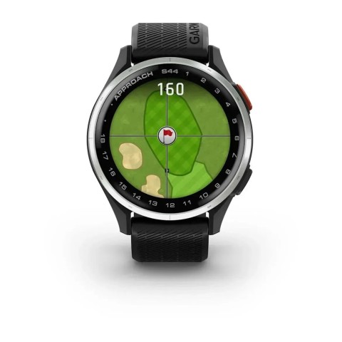 Смарт-годинник Garmin Approach S44 зі сріблястим алюмінієвим безелем та чорним ремінцем