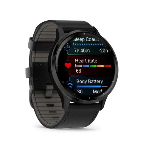Смарт-годинник Garmin Venu 3 чорний зі сланцевим сталевим безелем і шкіряним ремінцем