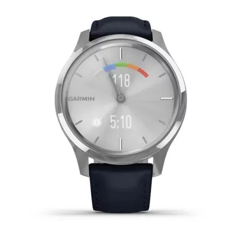 Смарт-годинник Garmin vivomove Luxe зі сріблястим корпусом та темно-синім ремінцем
