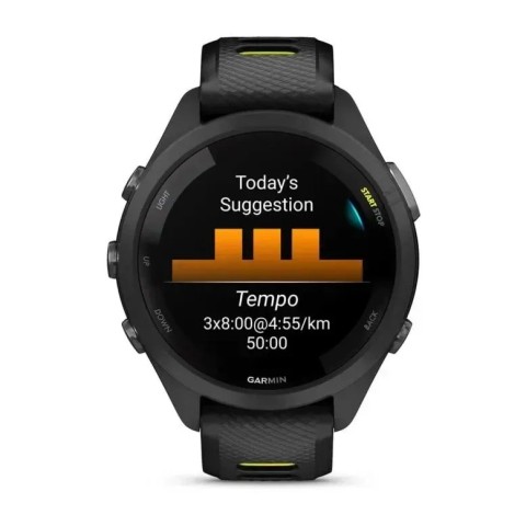 Смарт-годинник Garmin Forerunner 265s з чорним корпусом та чорним/жовтим силіконовим ремінцем